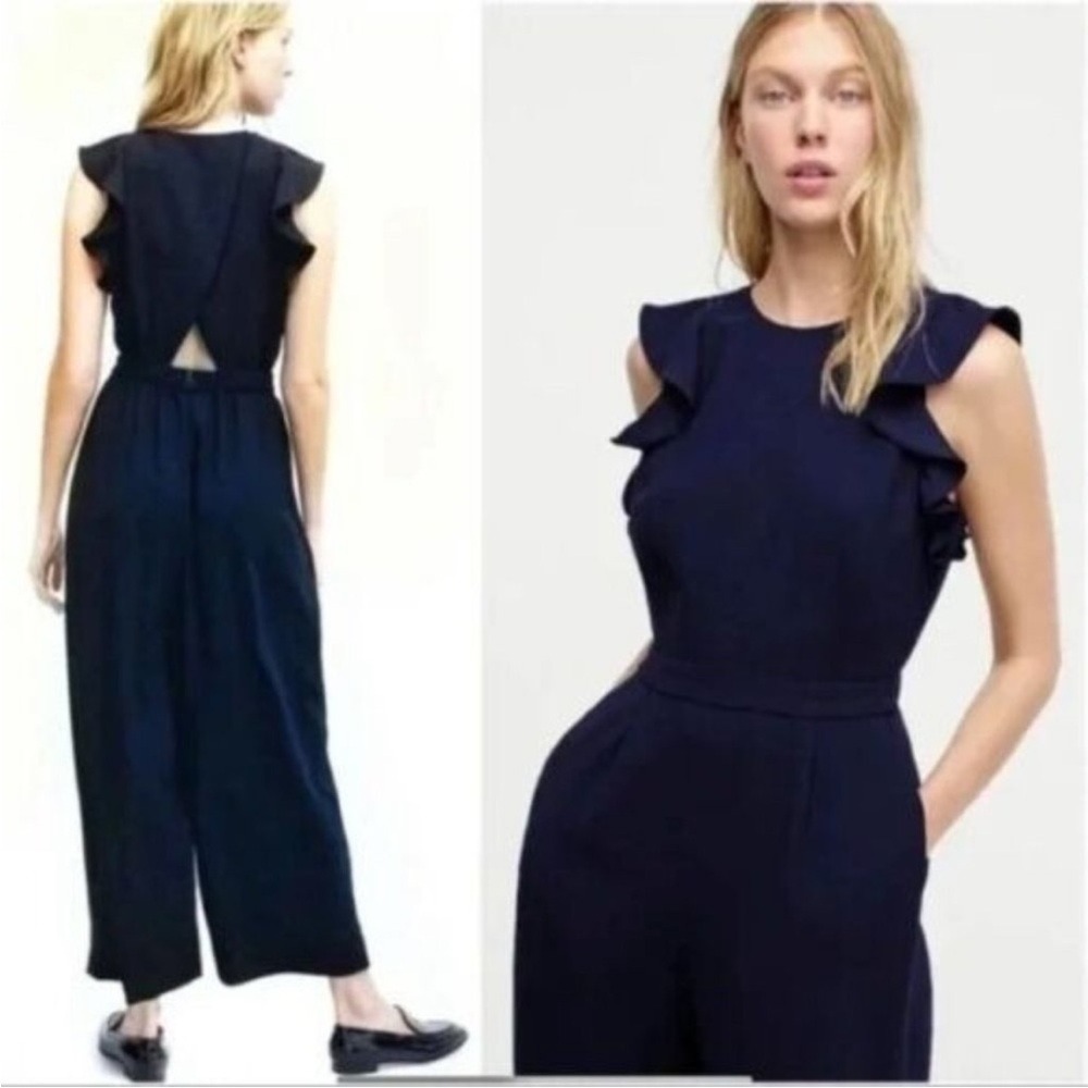 J.‎ Crew Sleeveless Ruffle Jumpsuit 365  Crepe in Navy Wide Leg Women's Size 12
